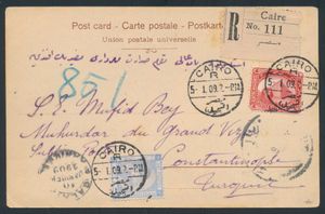 1909 N° 54b + 62 (S.G.) geïllustreerde briefkaart, aangetekend verzonden vanuit Caïro naar Constantinopel en geadresseerd aan de 