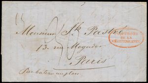 1851 pre-filatelistische gevouwen brief (compleet) van Alexandrië naar Parijs met een prachtig geslagen exemplaar van de zeldzame ovale poststempel 
