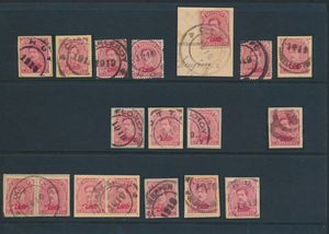 N° 138, 16 ex., alle met noodstempel van 1919, zoals Floreffe, Charleroy enz., voor de specialist, zie scan, zm