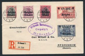 1917 OC 5/9 op brief (aangetekend), Brussel naar Pforzheim (Baden), aankomststempel op achterzijde 