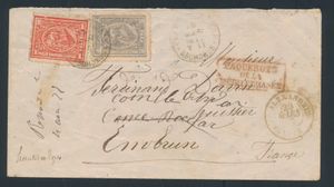 1877 N° 37 + 38 (S.G.), brief van Abuhomus naar Embrun, Frankrijk, gefrankeerd met Bulaq 20 pa grijsblauw en 1 pi rood, beide gebonden door de relatief zeldzame 