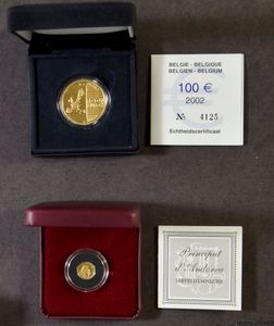 MUNTEN: België 100 euro stuk en Andorra medaille (16,05gr. zuiver goud)