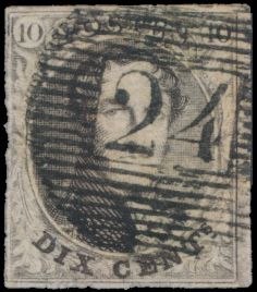 N° 6 „10c. braun”, leichte Einkerbungen auf der linken Seite, ansonsten vollrandig, Meteor-Abstempelung mit 26 Linien (P.24-Brüssel), einwandfrei/schön