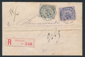 1885 N° 39 and N° 48, on registered mail with contents, from Brussels, dated 12 September 1885, to Lier, charge 20c and 25c for registration fee, mixed issue letter, vf