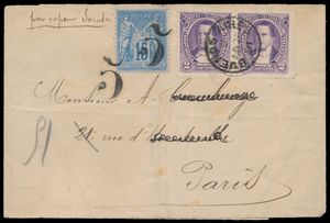1891 Rare letter envelope from Buenos Aires to Paris with postage Argentina N° 76 (2x) and France N° 90 with 2 cancellations 