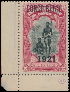 N° 93A ‘1921 on 5fr.’ with typographical overprint ‘CONGO BELGE’ in mint condition, no trace of hinge, with corner of sheet, very rare in this condition, Vander Marcken certificate, vf (OBP €525)