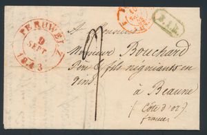 1843, forerunner with contents, from Peruwelz, Herlant 4, dated 9 September 1843, to Beaune (France), nice cancellation B.1.R. (Belgique 1st Rayon) in green octagon, transit mark Belgique par Valenciennes in round cancellation red, charge 9 decimals (Belgium: 2d. (1st rayon), France: 7 d. distance border office and Beaune, together 9 decimals), vf