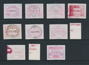 Collection of red mechanical franking stamps, with varieties, cancellations, etc., vf/f