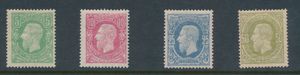 N° 1/4 ‘5c. green’, ‘10c. pink’, ‘25c. blue’ and ‘50c. reseda’, the first four values of the issue in very good condition, vf (OBP €153)