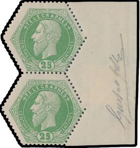 TG 3/6, Leopold II, hexagonal shape with full background, reasonable centring, in upright pair with margin, hinge is on the margin, stamps are mint, all stamps have a manuscript on the margin of 