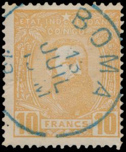 N° 13 ‘10fr. ochre-yellow’, cancelled ‘BOMA 16 JULY 18..’ (incomplete year), type 1.3 postmark in black, Vander Marcken certificate, vf (OBP €630)