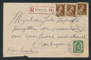 1937 N° 425 and 427 (3x), on registered letter envelope from Neerhespen, dated 25 September 1937, to Overhespen, nice relay cancellation T4R 13, vf