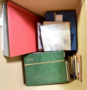Box with dozens of small slipbooks and club books, including the Netherlands, France, vf/f/to be checked