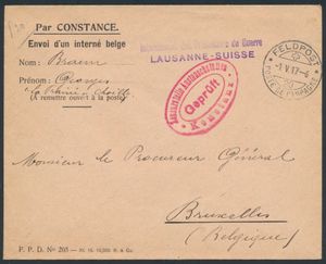 1917 Censored letter, from Lausanne (Switzerland), with purple censorship mark 'Internement des prisonniers de Guerre Lausanne-Suisse', with Feldpost 20 cancellation, dated 1 May 1917, to Brussels, with red oval censorship mark 'Zensurstelle Austauschstation Konstanz Gepruft', nice letter, vf