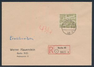 1949, 2 eingeschriebene Briefe innerhalb Berlins versandt, ein Brief mit N° 57 (Mi.) „1M. olivgrün” und der andere mit N° 58 (Mi.) „2M. violett”, einwandfrei