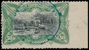 N° 24 ‘50c. green’ with right margin of sheet imperforated, rare, position 10 on sheet, Popocabacca cancellation 30 July 1896 in blue, good cancellation on beautiful rarity, vf