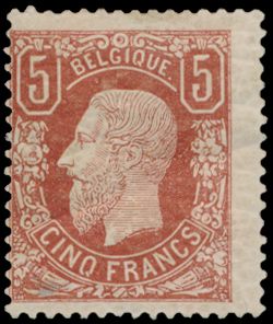 N° 37 „5 Fr. braunrot”, starker Falz und dezentriert, zweite Zähnung oben links angebracht, verschiedene Prüfzeichen, zu kontrollieren (OBP 2.400 €)