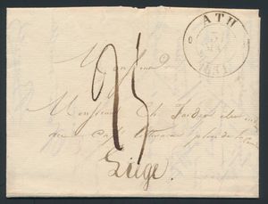1831, forerunner with contents, from Ath, Herlant 54 (colour is black cancellation), dated 31 May 1831, to Liège, charge 25 cent (up to 180 km), vf