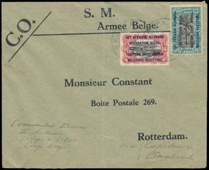 1918 N° 29 and 30 on letter sent from ‘B.P.C.V.P.K.’ n° 16 on 21rst of January 1918 to the Netherlands, the letter is written and censored by the commander of the 14th regiment Ermens, cover with Belgian army letterhead, vf