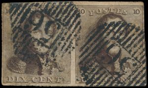N° 1 „10c. braun, vollrandiges Paar, mit Abstempelung D.56-Walcourt, einwandfrei (OBP €225 + COBA €100)