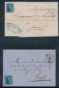 N° 15A/B, „20c blau”, 21 Exemplare auf Brief, mit Abstempelung Pt. 6-Andenne, Pt. 38-Beveren, Pt. 87-Courtrai, Pt. 192-Iseghem, Pt. 234-Manage, Pt. 322-Saint Ghislain, Pt. 359-Thuin und Pt. 393-Wavre, einwandfrei.