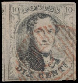 N° 6 „10c. braun”, vollrandig mit linkem Nachbar, mit roter Abstempelung P.39-Fleurus, einwandfrei