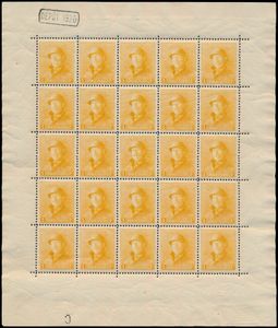 F 175 „1 Fr. orange” in wunderschönem Kleinbogen zu 25 mit Plattennummer 3, gute Zentrierung, einwandfrei (OBP 3.450 €)