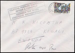 1994, genocide period, Belgium, envelope sent from Brussels May 9, 1994 to Kigali / Rwanda, with Belgian bilingual (French and Flemish) boxed cachet 