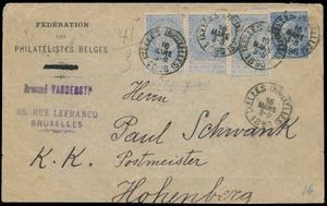 1896 N° 60c + 60 in Streifen zu 3 – mit Streifen auf Brief, aus Brüssel, vom 16. März 1896, nach Hohenberg (Österreich), Brief hat Handschrift „41/3”, dreifache Auslandsportierung, linkes Siegel des Streifens zu 3 ist die Abart (keine Schleife an der 5), mit Zertifikat Sismondo (USA), einwandfrei