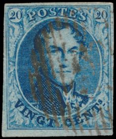 N° 7 „20c. blau”, vollrandig, mit roter Abstempelung (unleserlich), einwandfrei