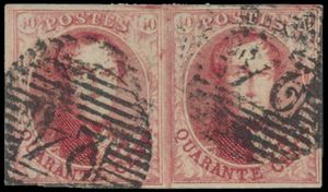 N° 8-V1 „40c. karmijn”, Abart „Spijker”, vollrandiges Paar mit schönen Rändern, mehrere rote Verfärbungen in den Rändern, Luxusstück, einwandfrei (OBP €1205)