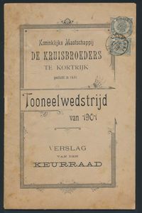 1902 N° 53, zweimal auf Drucksache, aus Kortrijk, vom 25. Februar 1902, Broschüre „Koninklijke Maatschappij DE KRUISBROEDERS” (Königliche Gesellschaft DER KREUZBRÜDER) in Kortrijk, gegründet 1451, „THEATERWETTBEWERB von 1901, Bericht des Auswahlkomitees”, sehr gut erhalten, einwandfrei/schön