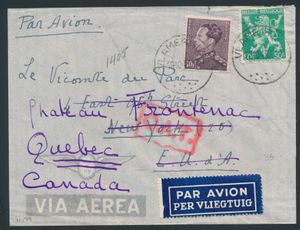 1945 LP censorship letter from Vlamertinge to Quebec (Canada) + O.A.T. in red oval, vf