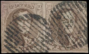 N° 10A „10c. braun”, im Paar, linker Stempel vollrandig, zentraler (ländlicher) Stempel mit 14 Balken, einwandfrei/schön (COBA 150 €)