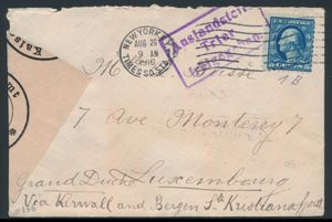 1916 Letter from New York to Luxembourg + double censorship Trier and USA + 2 vignettes, vf