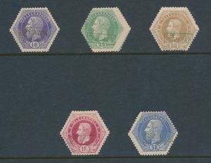 TG 3/7, with Specimen overprint, stamps have hinge, and TG 5 is missing a tooth, value 50% of mint (OBP €240), m
