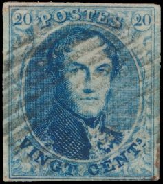 N° 7 „20c. blau”, vollrandig mit ländlichem Stempel mit 14 Balken, einwandfrei (COBA €175)