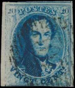 N° 11-Cu „20c. blau”, vollrandig mit vollständigem Oberrand, auf der linken Seite schwacher bis fehlender Druck, einwandfrei