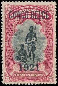 N° 93A ‘5fr. carmine’ with overprint ‘CONGO BELGE’, typographic and ‘1921’, position 48 on the sheet, rare in this condition, Vander Marcken certificate, vf (OBP €525)