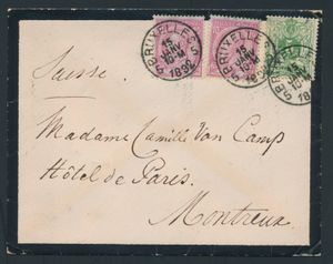 1892 N° 46 (2x) and 45, on envelope (death notice), cancelled with Bruxelles 5, dated 15 January 1892, to Montreux (Switzerland), vf 