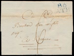 1801 Voorloper met inhoud, vanuit Ath, Herlant 23 (86/Ath in blauw - waardering 30 - zeer moeilijk), daarbij staat in Herlant pas vanaf 1802 waar deze brief van 1801 is, dd. 3 Vendemiaire An 10 (25 september 1801), naar Beaune, port 6 decimen ( afstand tot 500 km), prachtig en zeldzaam, zm