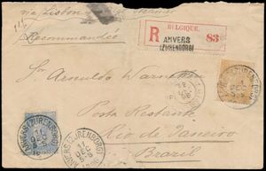 1896 N° 60 + 62, (ohne Streifen), auf Briefumschlag, eingeschriebene Sendung aus Anvers (Zurenborg), datiert 11. Dezember 1896, nach Rio de Janeiro (Brasilien), zweite Gewichtsklasse (18 9/10  / 2), mit Handschrift „via Lisbon by Engt. Steamer”. Diese Route passt zu den Diensten der Royal Mail Steam Packet Company (RMSP) von London/Southampton → Lissabon → Brasilien, einwandfrei