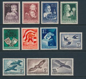 N° 929/32, 952/54 and 984/87, 1949/53 Child Care, Plebiscite and LP birds, vf (€510)