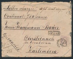 N° 36 Chargé letter from Brussels to Württemberg (Germany) with 5 wax seals on the reverse, insured, amount: 