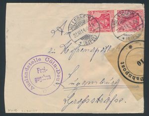 1914 Letter from Hillesheim (Germany) to Luxembourg + Cologne censorship + Kaiserlicht Bahnpost vignette, vf