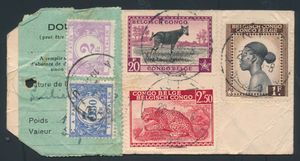 1946, N° 237, 246 et 261 sur étiquette de colis contenant des souliers usagés expedié de Nizi le 22-4-46 vers Anvers, petite étiquette verte de la douane Belge revétue de deux timbres taxe à 2 et 3,50fr., annulés à Anvers date illisible, tb