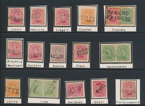 N° 135, 137/138 and 140, 15 copies, all with name stamps, such as Couillet, Franiere, Aulnois, Baelen, Leau, Gheel, etc., see scan, vf