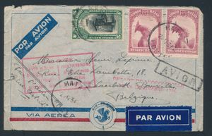 1934, Rubin return flight, annotation ‘PAR AVION’, Queen Astrid, special framed stamp of the flight in red and stamp ‘DEPART DE LEOPOLDVILLE LE 26 DECEMBRE 1934’, the letter is franked with two n° 175 ‘75c. carmine red’ and one ‘5fr. green green’ PA 4 airmail stamps, vf