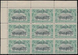 N° 44 ‘40c. green-blue’ with typographic overprint ‘CONGO BELGE’, block of 9 with complete corner piece of the sheet, positions 1/3-6/8-11/13 of the sheet, positions 11 and 12 are T2, very nice item in perfect condition, vf (OBP €230)