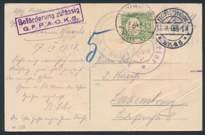 Field postcard 1915, From Sedan + penalty postage 